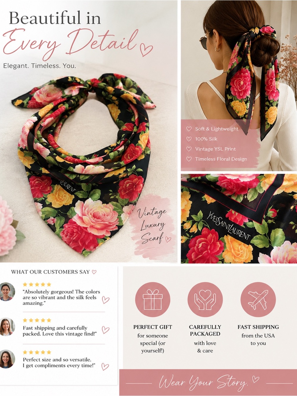 Yves Saint Laurent Black Silk Floral Scarf with Pink & Yellow Roses